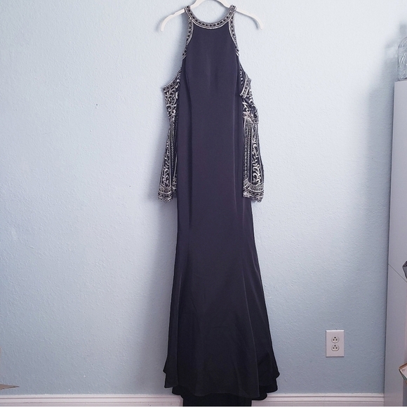 Ellie Wilde Mon Cheri Black Embroidered Bellsleeve Cold Shoulder Gown Prom Dress - Picture 2 of 13